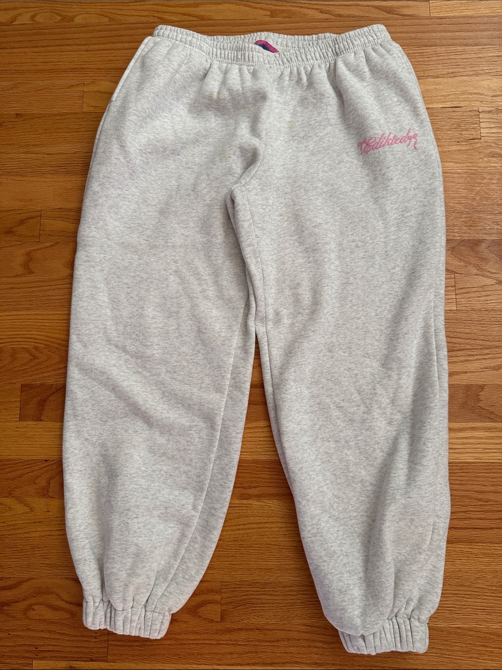 Edikted Light Gray Sweat Joggers with Pink Script Logo